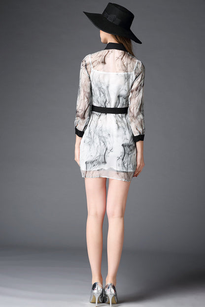 WOMEN'S GRACE POLO NECK 3/4 SLEEVE PRINTING DRESS WITH BELT FOR SUMMER