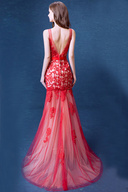 Nude Illusion Lace Tulle Fish Tail Grown Long Dress