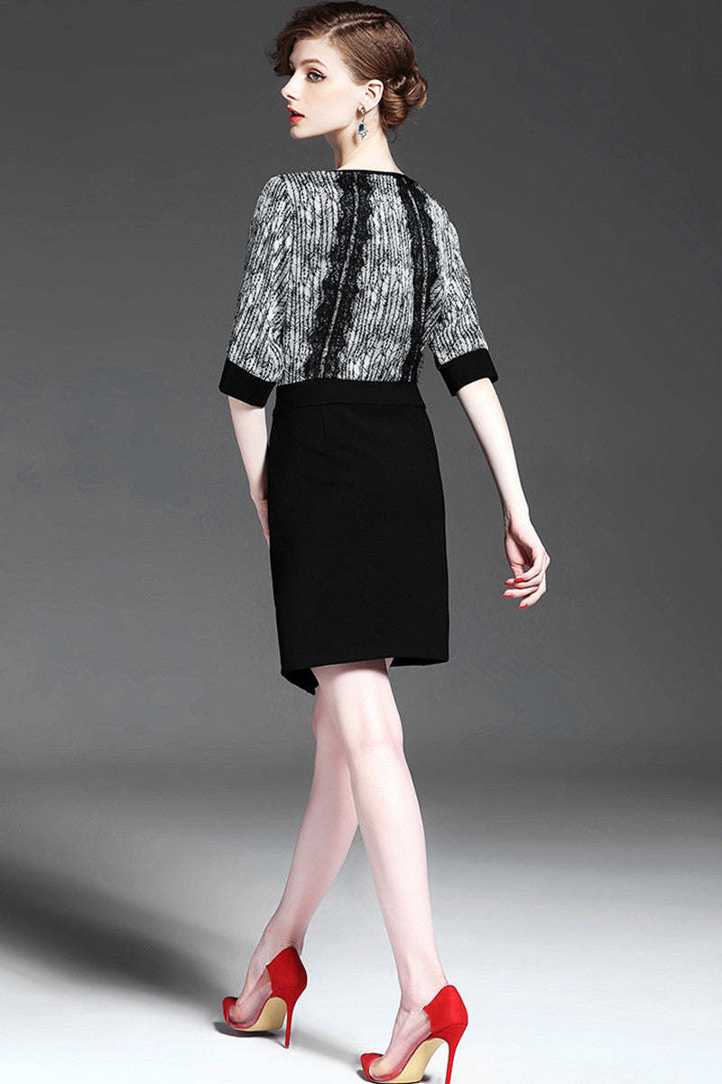 Round Collar Lace Patch Tunic Fitted Wrap Strecth Dress