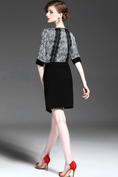Round Collar Lace Patch Tunic Fitted Wrap Strecth Dress