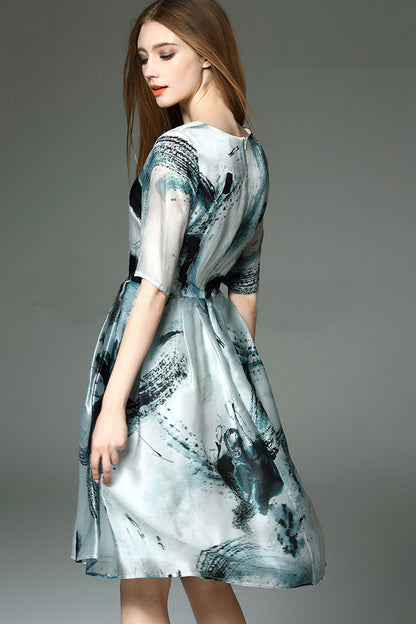 Round Collar Ink Print Mesh Patch Pleat Tunic Dress