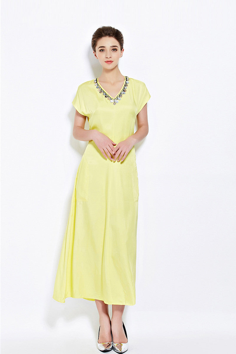 V Neck Formal Cap Sleeve V Neck with Beaded Long Dress