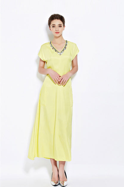 V Neck Formal Cap Sleeve V Neck with Beaded Long Dress