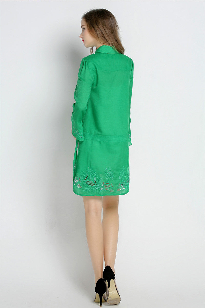 Slit Sleeve Emboridered Cotton Solid Button Down Shirt