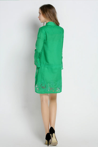 Slit Sleeve Emboridered Cotton Solid Button Down Shirt
