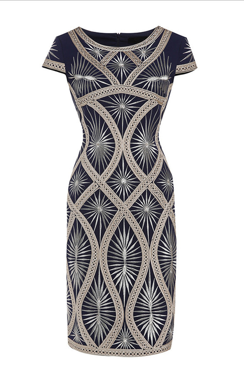 Round Collar Geometric Embroidered Cap Sleeve Slim Dress