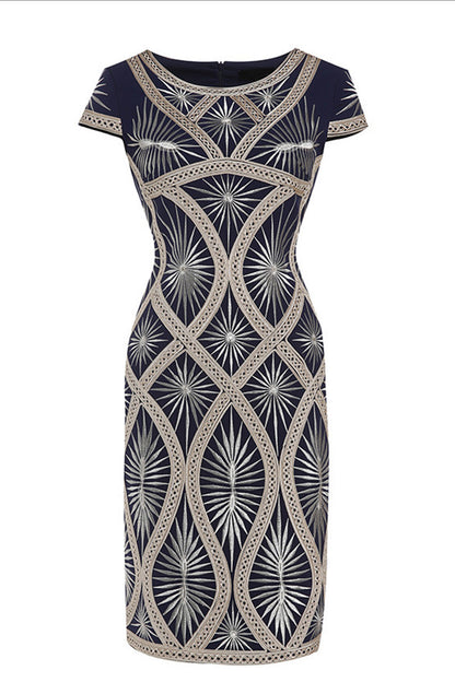 Round Collar Geometric Embroidered Cap Sleeve Slim Dress