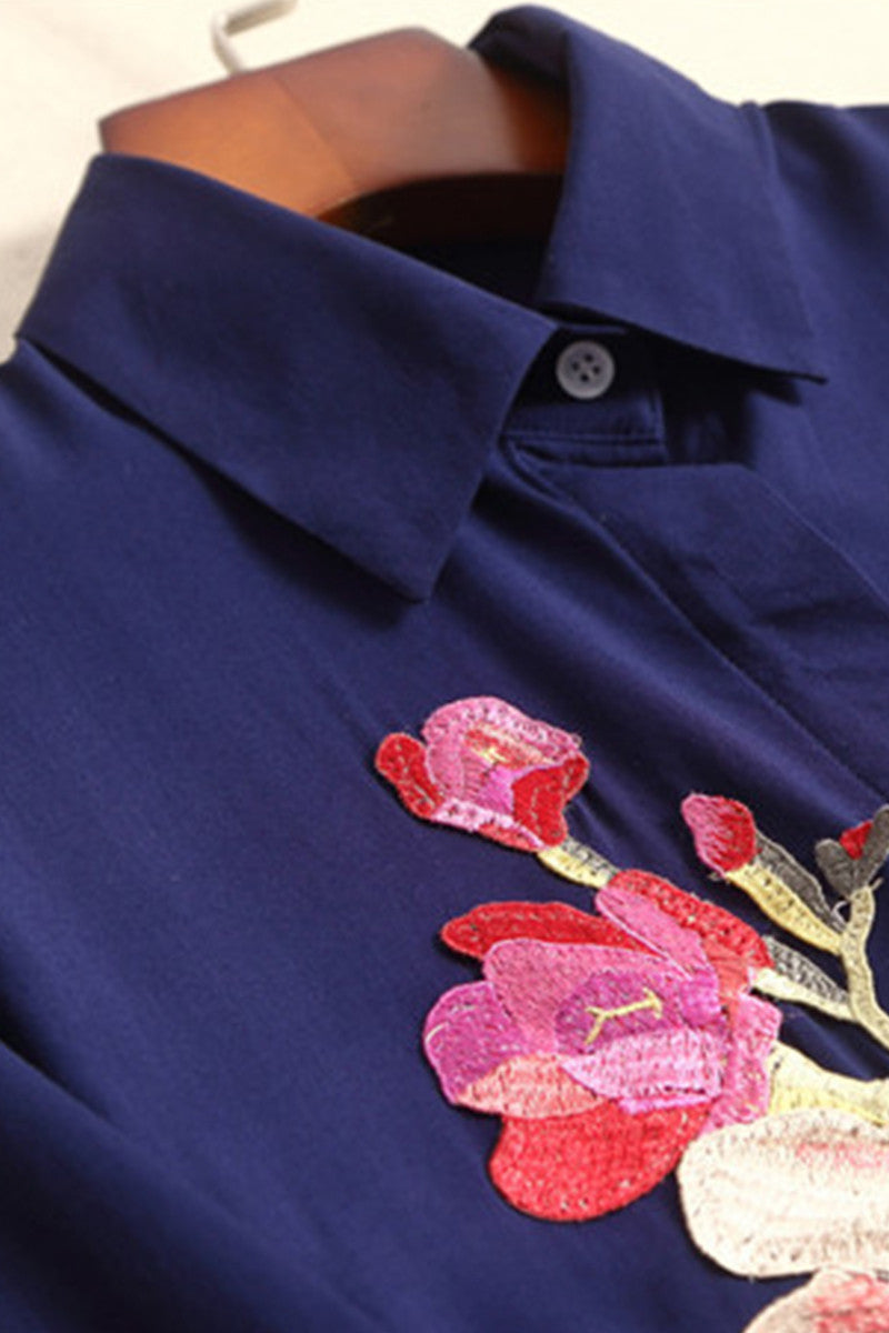 Napel Neck Flowers Embroidery Slim Shhirt Dress
