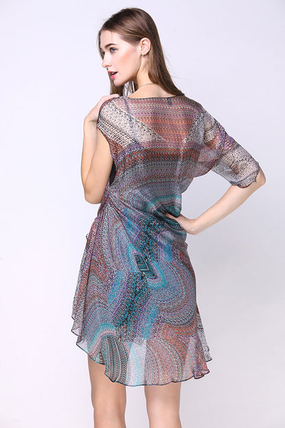 Sheer Printing One Shoulder Slash Short Dress