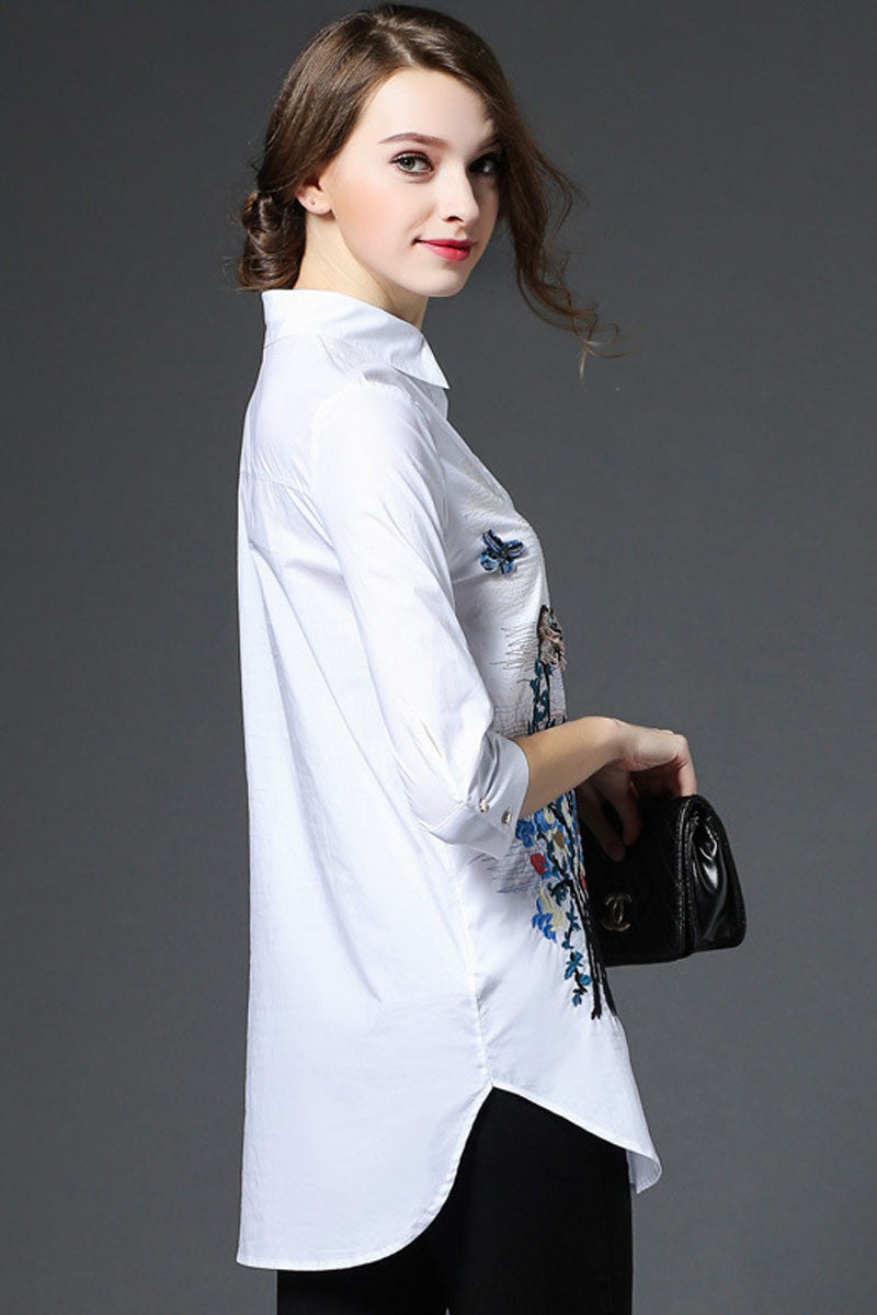 Roll Collar Embroidery 3/4 Sleeve Front Short Long Back Shirt - NJOYDRESS - 3