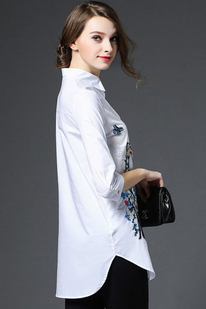 Roll Collar Embroidery 3/4 Sleeve Front Short Long Back Shirt - NJOYDRESS - 3