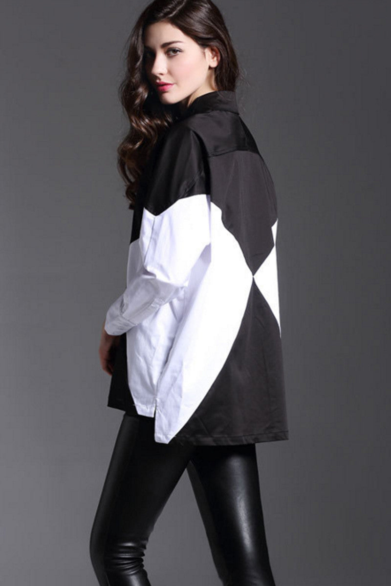 Lapel Neck Button Down Black And White Color Block Loose Blouse