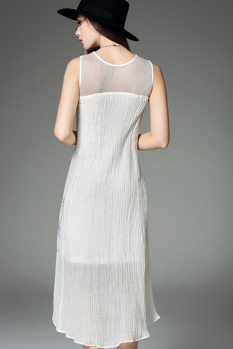 Round Collar Painting Front Short  Back Long Irregular Dress