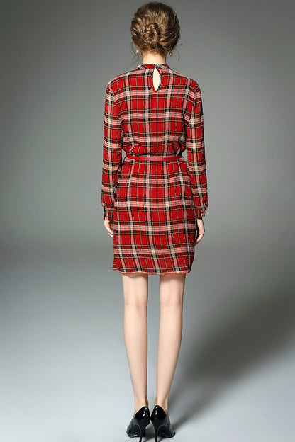 Round Collar Scottish Plaid Print Slim Dress With Belt