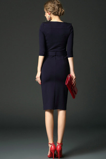 FORMAL V NECK ELEGANT WEAR TO WORK HALF SLEEVE MIDI DRESS WITH BELT