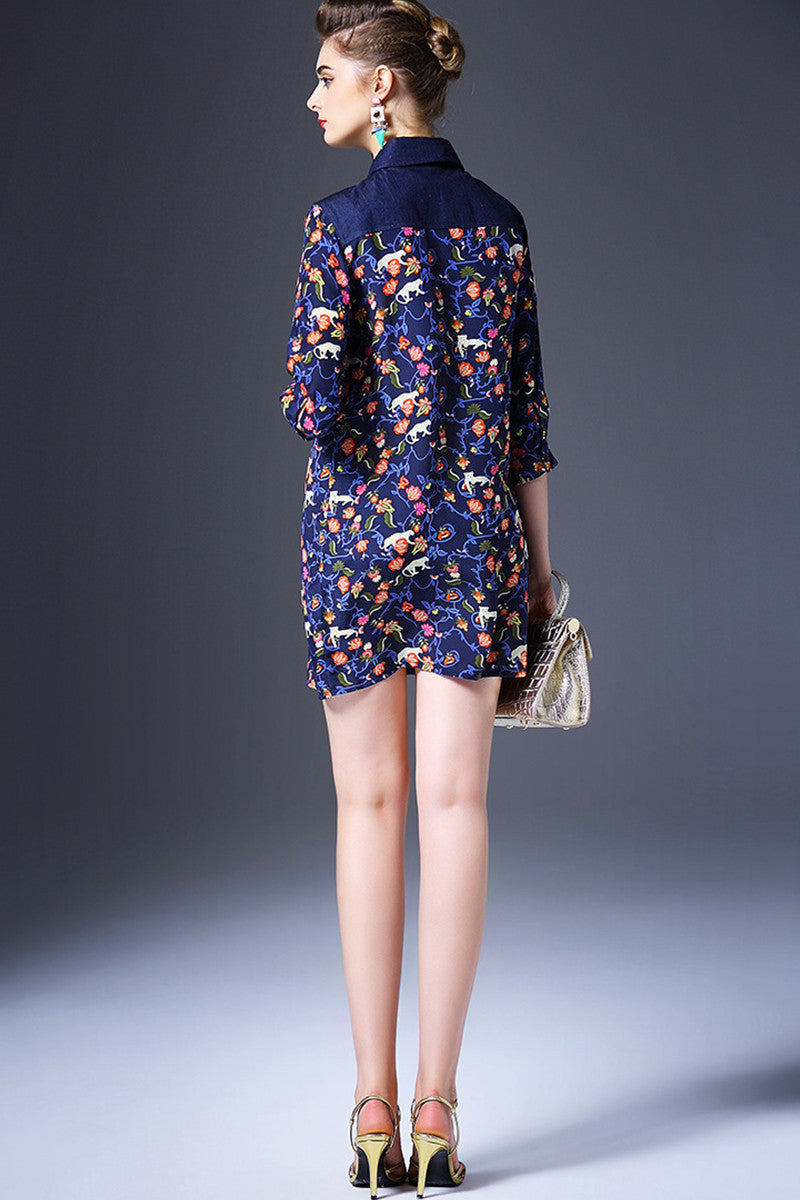 WOMEN'S PRINT AND FLORAL POLO NECK 3/4 SLEEVE SHORT DRESS