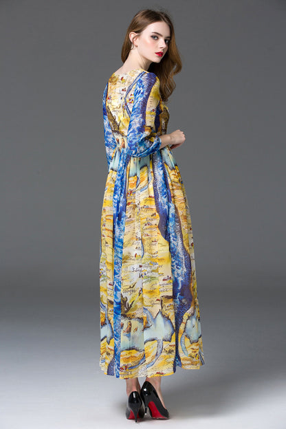 ROUND NECK 3/4 SLEEVE ELEGANT PRINTING VINTAGE LONG DRESS