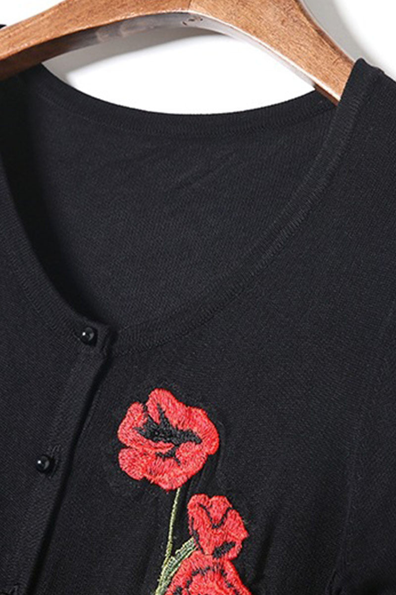 Round Collar Embroidered Flowers Button  Knit Midi Dress