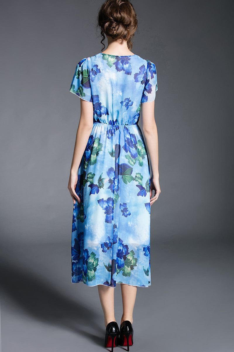 FLOWER PRINTING SHORT SLEEVE V NECK CASUAL VACATION DRESS