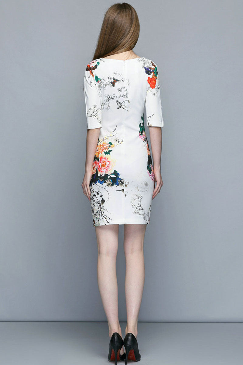 Boat Neck Floral Printed Back Slit Bodycon Dress