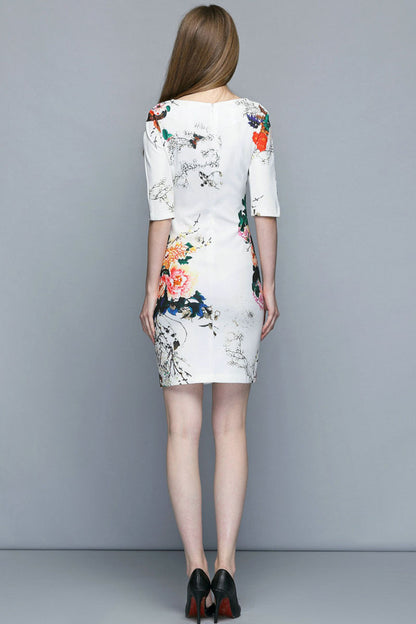 Boat Neck Floral Printed Back Slit Bodycon Dress