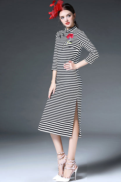Little Turtle Neck Stripe Pattern Rose Jacquard 3/4Sleeve Chi-pao Button Side Slit Dress - NJOYDRESS - 2