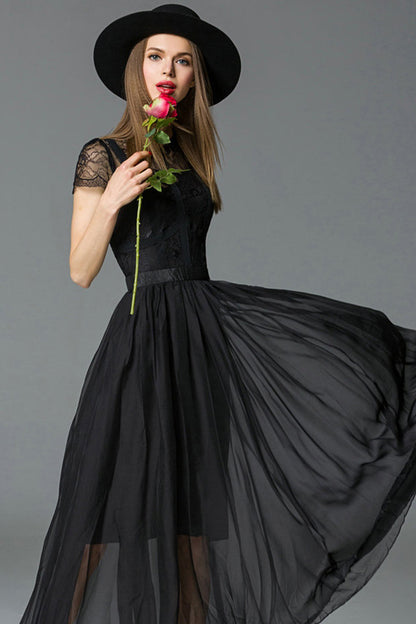 Elegant Cap Sleeve Chiffon Sheer Maxi Cocktail Dress