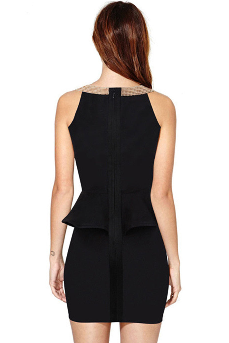 Peplum Club Short Dress With Metal Neckline Decoration