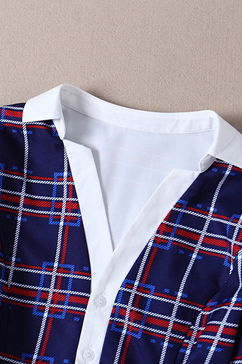 PLAID V NECK AND LAPEL SLIM LONG SLEEVE PARTY DRESS