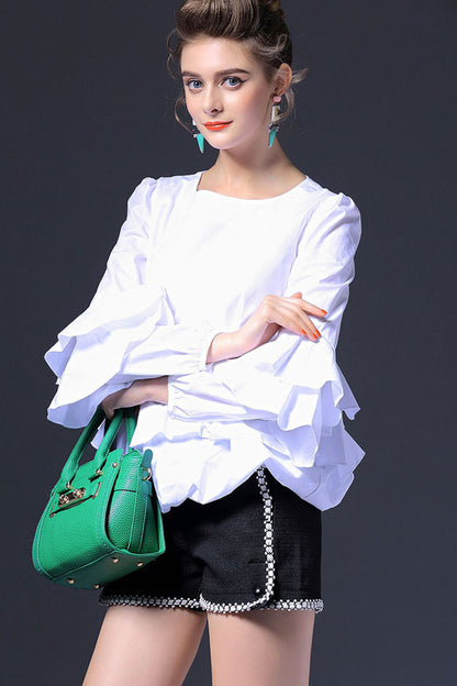 Round Collar Frill Flare Hem Mluti Layer Top