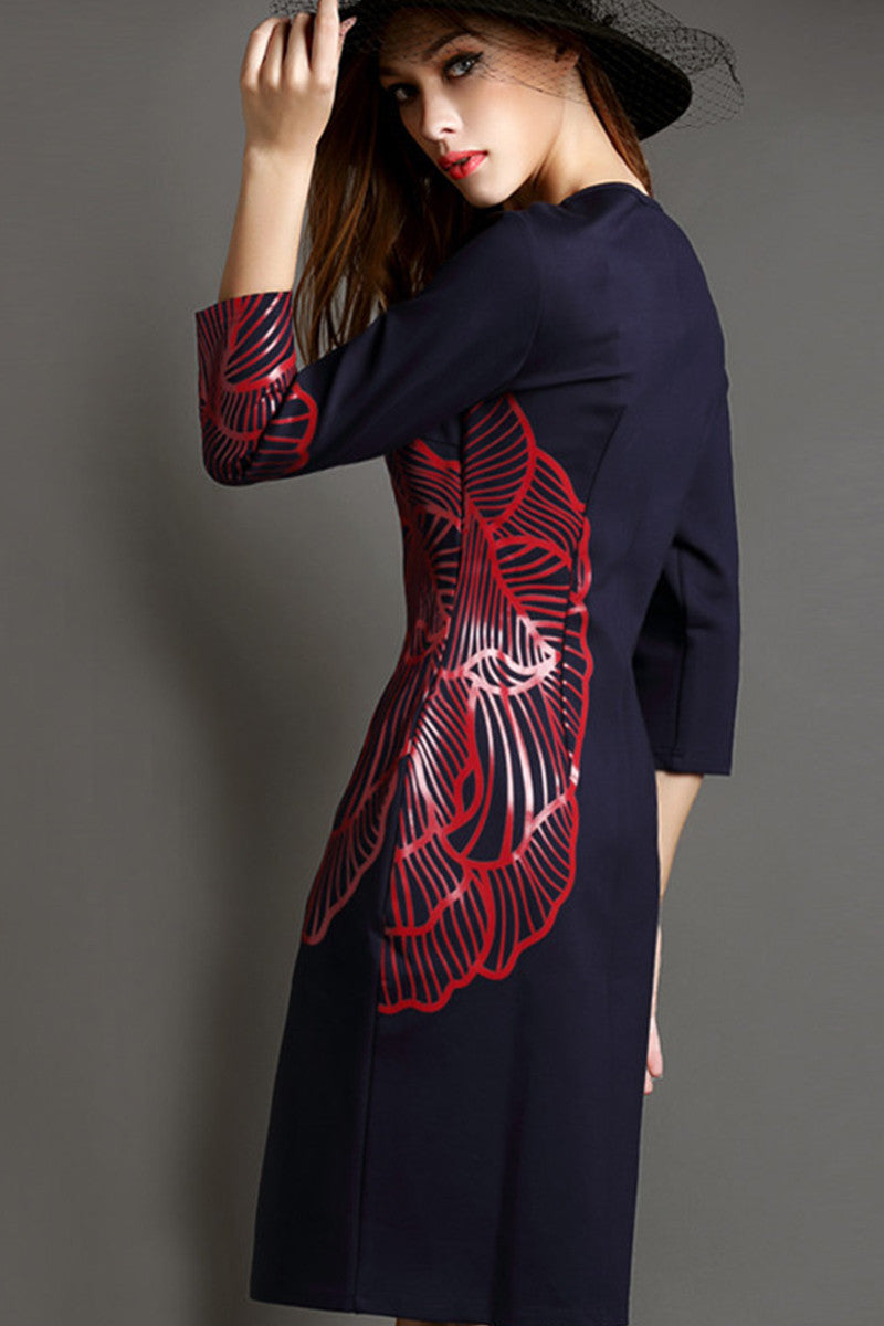 WOMEN'S ELEGANT BOAT NECK 3/4 PRINTING MIDI PARTY DRESS