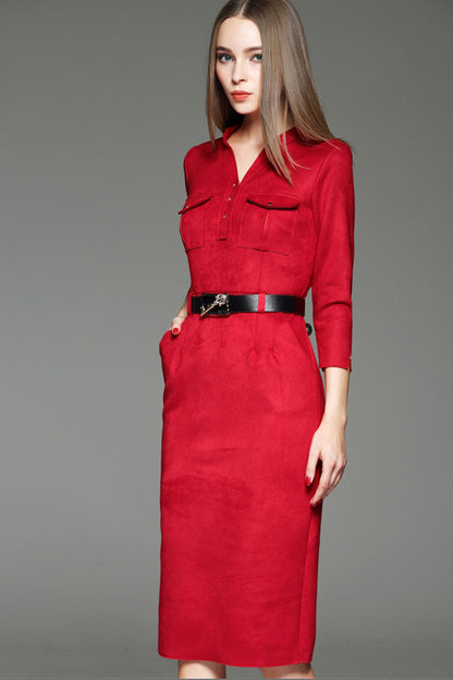 WOMEN'S FORMAL V NECK WEAR TO WORK 3/4 SLEEVE MIDI DRESS