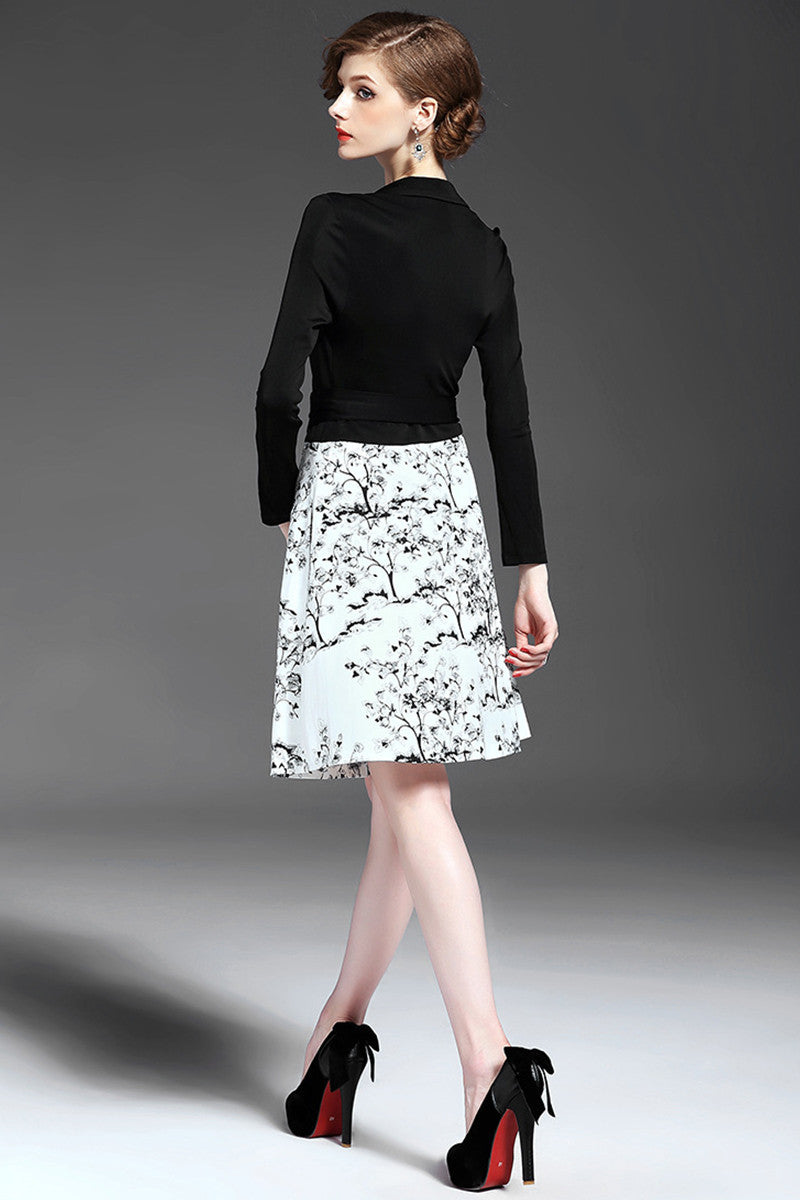 Deep-V Top Joint Plant Pattern Dress