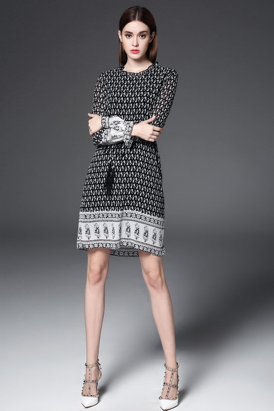 Flare Neck Pattern Print Hollow Out Back Lacing Waist Mini Dress