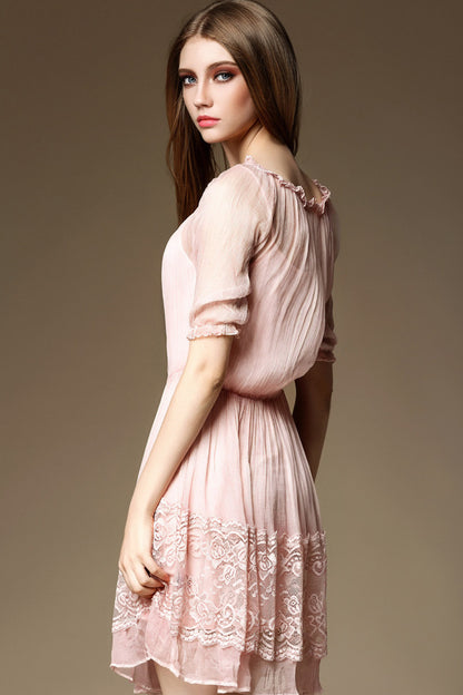 [30% OFF TILL 7 APR] Casual Round Neck Lace Skirt Hem Mini Dress