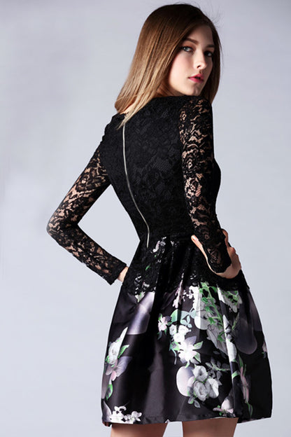 Women's Slim Printing Dress Lace Long Sleeve Short Dress