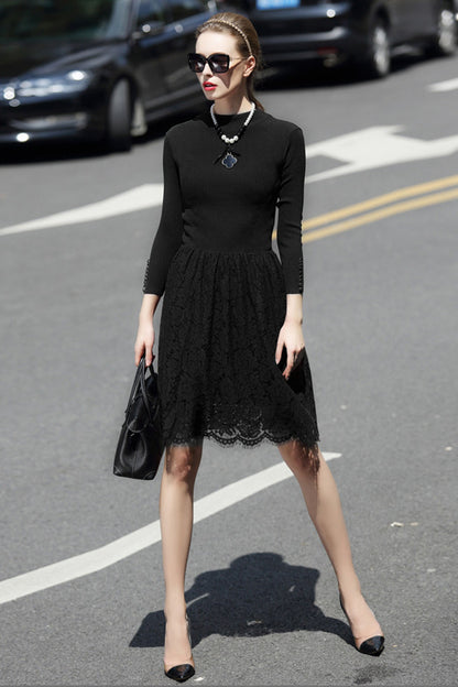 Rib Slim Top With Camellia Pattern Lace Skirt Dress