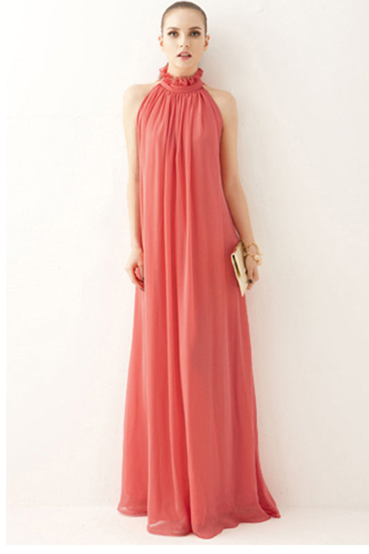 Ruffle Neck Solid Chiffon Boho Dress