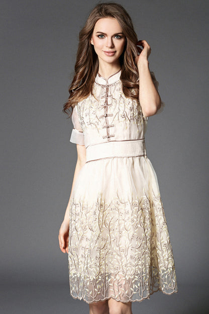 Chi-pao Stand Collar Floral Embroidery Organza Dress