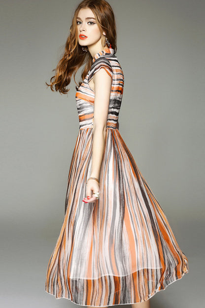 Stand Collar Cap Sleeve Stirpe Printed Midi Dress