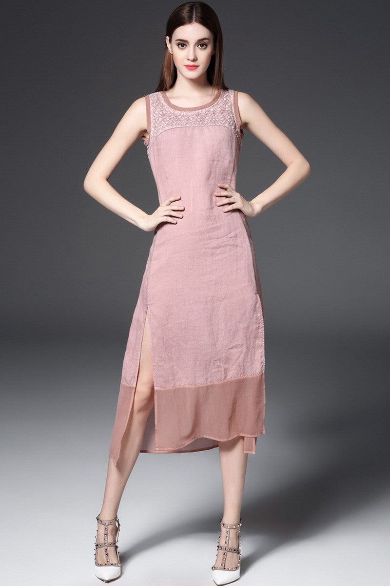 V Neck Vintage Patchwork Sleeveless Casual Dress