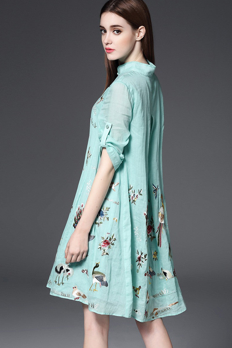 Stand Collar Chi-Pao Button Animals Embroidery Loose Flare Dress