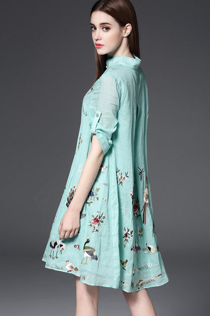 Stand Collar Chi-Pao Button Animals Embroidery Loose Flare Dress