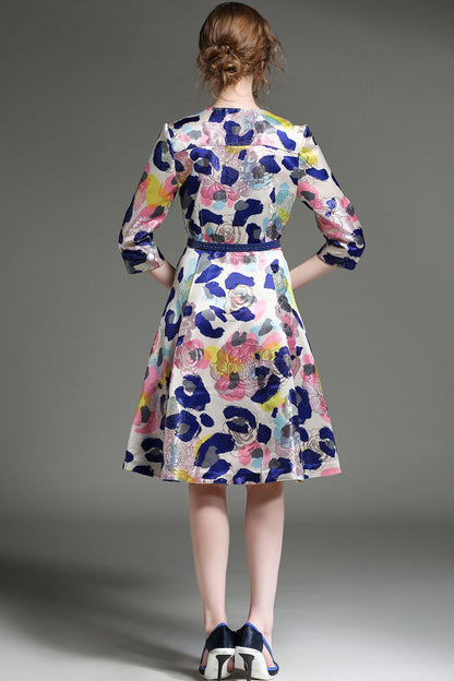 women's casual a-line round neck 3/4 sleeve flower printing midi dress