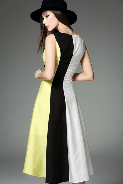 Round Collar Color Block Flare Swing Front Short Long Back Dress
