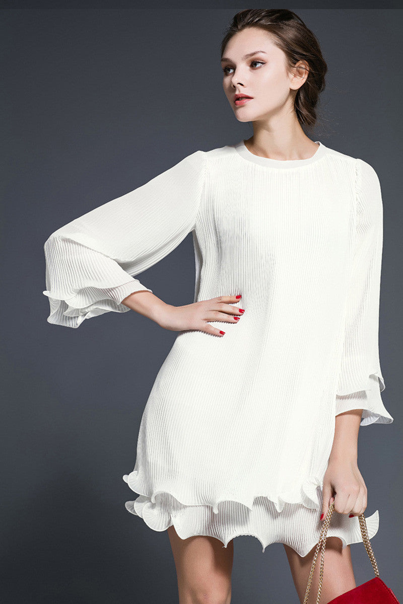 Solid Chiffon Pleated Two Layers Dress - NJOYDRESS - 1