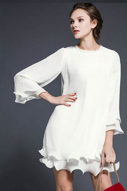 Solid Chiffon Pleated Two Layers Dress - NJOYDRESS - 1