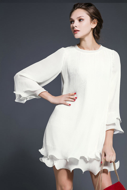 Solid Chiffon Pleated Two Layers Dress - NJOYDRESS - 1
