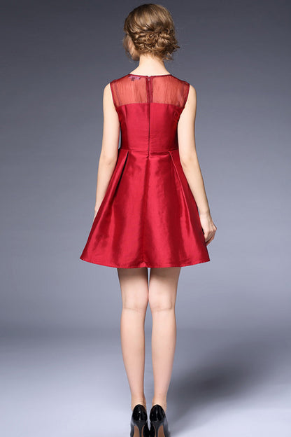 Round Collar Beads Sequins Pleat Dress With Illusion Mesh Top