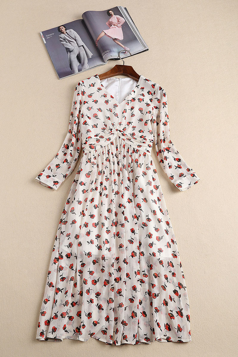 V-Neck  Floral Pattern Slim Chiffon Dress - NJOYDRESS - 2